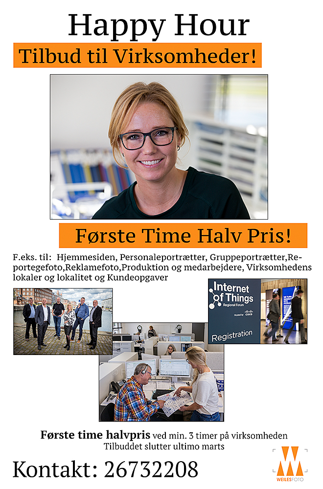 Første time halv Pris på en erhvervssession. Fotografens Fotostudio ligger i København på Amager